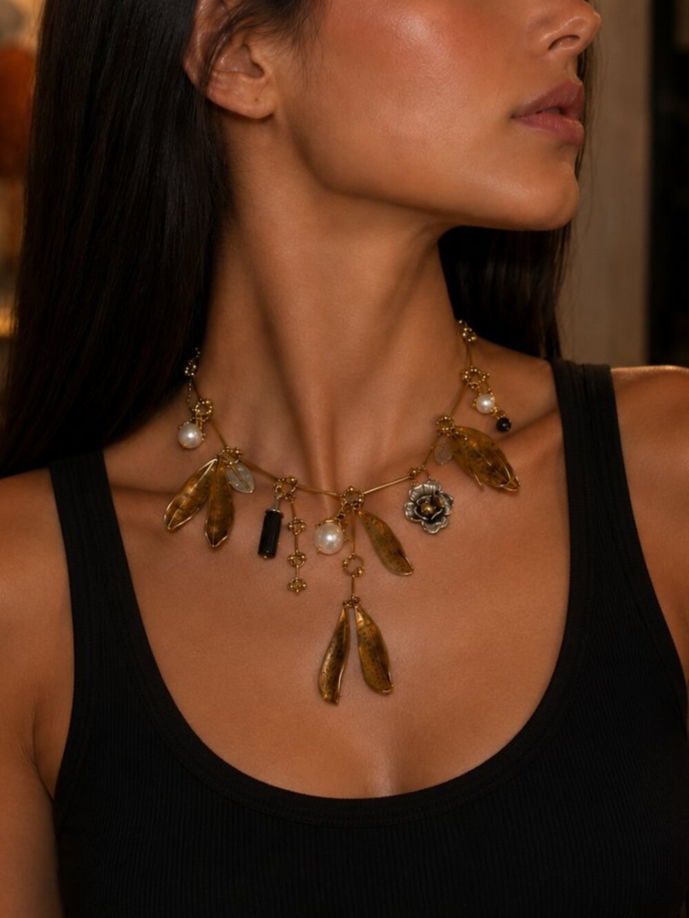 ✨ Artisan Charm Statement Necklace - Gold-Tone Leaves, Pearls & Floral Accents